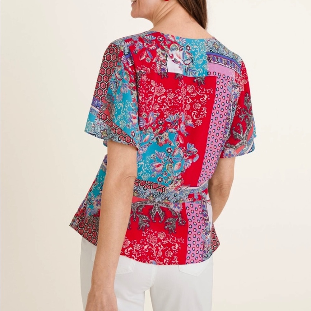 Chico’s Patchwork Peplum Flutter Sleeve Top